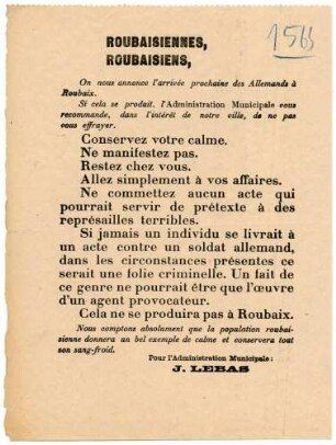 "Roubaisiennes, Roubaisiens" Ankündigung der Besetzung von Roubaix durch die deutschen Truppen und Anweisung, sich ruhig zu verhalten