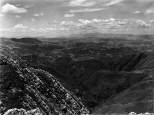 Blick auf das Quellgebiet des Rio de San Pedro : Blick von der Cordillera de Sombreros aus. An den Berghängen wachsen Pinien.