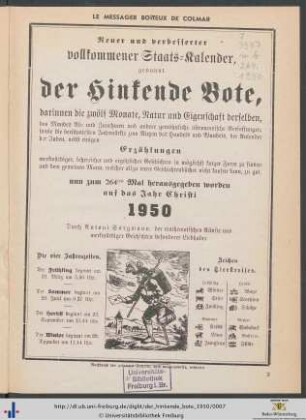 Neuer und verbesserter vollkommener Staats-Kalender, genannt der Hinkende Bote, ... auf das Jahr 1950.