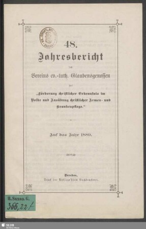 48.1889: Jahresbericht des Vereins Ev.-Luth. Glaubensgenossen zur Förderung Christlicher Erkenntnis im Volke und Ausübung Christlicher Armen- und Krankenpflege