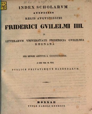 Index scholarum quae, ..., in Universitate Fridericia Guilelmia Rhenana ... publice privatimque habebuntur, 1843