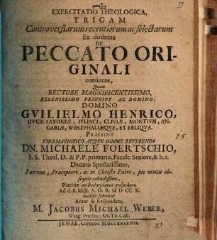 Exercitatio theol. trigam controversiarum recentiorum ac selectarum ex doctrina de peccato originali continens
