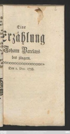 Eine Erzählung Johann Barclays des jüngern : Den 1. Dec. 1758.