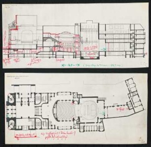 Theater am Nollendorfplatz (auch: Neues Schauspielhaus und Mozartsaal, Metropol), Berlin: Grundriss und Längsschnitt, Teile