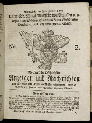 No. 2. Montags, den 8ten Januar 1776.