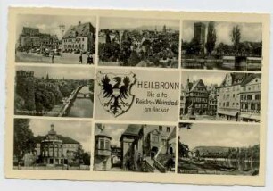 Mehrbildkarte, 8 Motive: Marktplatz und Rathaus, Gesamtansicht, Götzenturm, Neckarpartie und Bollwerksturm, Käthchenhaus, Stadttheater, Hof im Landgericht [kleiner Deutschhof], Teilansicht vom Wartberg