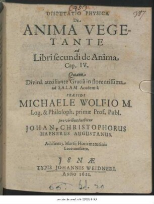 Disputatio Physica De Anima Vegetante ad Libri secundi de Anima Cap. IV.