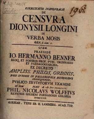 Exercitatio Inavgvralis De Censvra Dionysii Longini In Verba Mosis Gen. I. com. 3