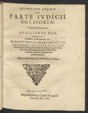 Disputatio Legalis De Parte Iudicii Decisoria, Cuius Doctrinam, Auxiliante Deo, Praeside [...]