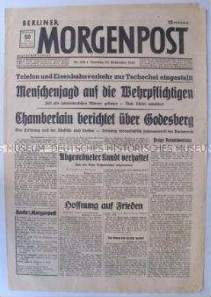 Tageszeitung "Berliner Morgenpost" zur Eskalation der Spannungen in der Tschechoslowakei vor der Unterzeichnung des Münchener Abkommens