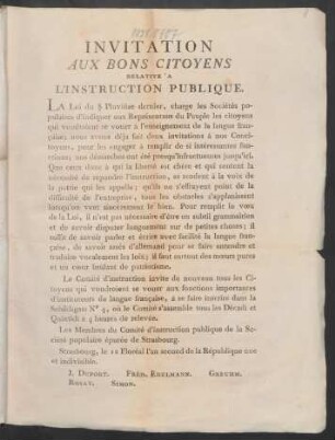 Invitation Aux Bons Citoyens Relative A L'Instruction Publique