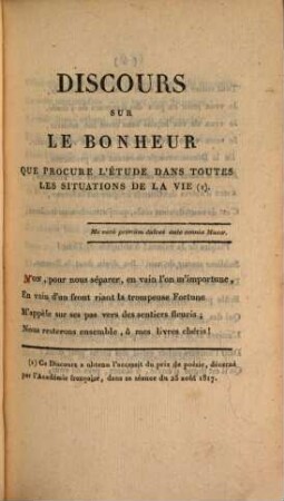 Le bonheur de l'étude : discours en vers, et autres poésies