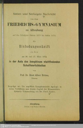 67.1873/74: Nachricht von dem Herzoglichen Friedrichs-Gymnasium zu Altenburg : über das Schuljahr Ostern ... bis Ostern ...