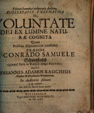 Dissertatio Pnevmatica De Voluntate Dei Ex Lumine Naturae Cognita