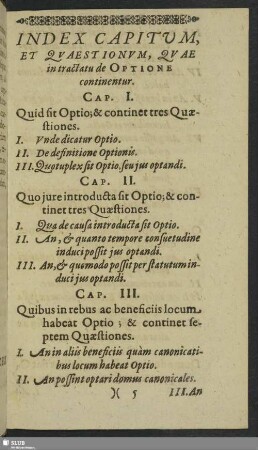 Index Capitum, Et Quaestionum, Quae in tractatu de Optione continentur
