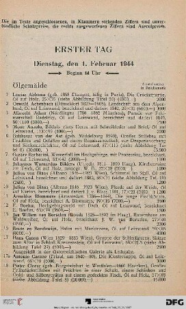 Erster Tag: Dienstag, den 1. Februar 1944, Beginn 14 Uhr (Nr. 1-225)
