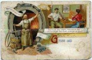 Postkarte mit Schmiedemotiv und Spruch