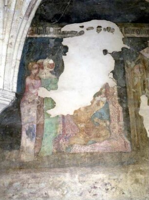 Wandmalerei im 5. Joch von Osten — Feld 5: Unten links: Die römische Sibylle, deren ausgestreckter Arm auf Maria weist.
