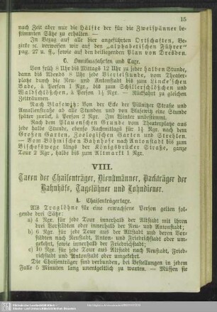VIII. Taxen der Chaisenträger, Dienstmänner, Packträger der Bahnhöfe, Tagelöhner und Lohndiener