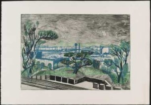 Farbradierung des Künstlers Erhard Groß, Titel: Auf dem Kreuzberg, Ed. 5/20, 1960