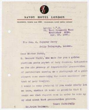 Brief aus London an Seymour Berry, Daily Telegraph