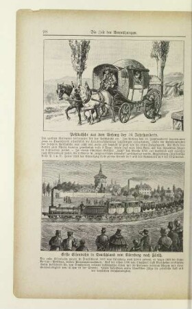 Postkutsche aus dem Anfang des 19. Jahrhunderts. Erste Eisenbahn in Deutschland von Nürnberg nach Fürth