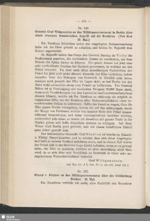 Nr. 127. Oberst v. Jürgass an das Militärgouvernement über die Gefährdung Berlins. 18.Mai