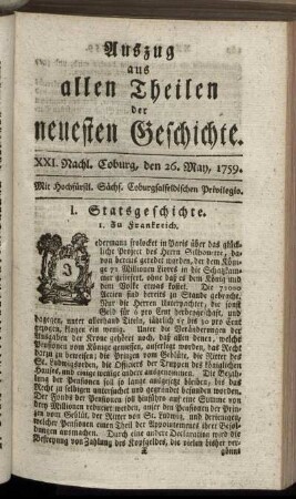 XXI. Nachl. Coburg, den 26. May, 1759.