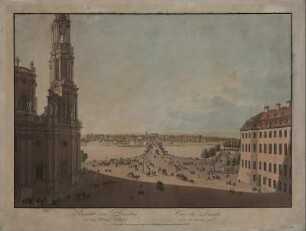 Ansicht von Dresden aus dem Königlichen Schlosse, Stich um 1825 : Ansicht von Dresden aus dem Königl. Schlosse = Vue de Dresde prise du chateau royal. - Dresden : A. Lawrence , [ca. 1825]. - 1 Kunstbl. : kolor. Stich ; 48 x 33 cm