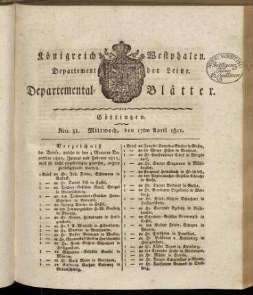 Nro. 31. Mittwoch, den 17ten April 1811 [-] Nro. 40. Sonnabend, den 18ten May 1811