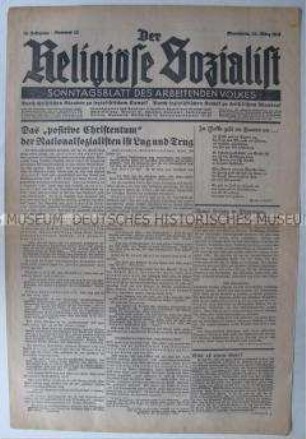 Christlich-sozialistische Wochenzeitung "Der Religiöse Sozialist" u.a. zur Haltung der Nationalsozialisten zur Religion