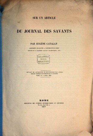 Sur un article du Journal des Savans : Extrait du Bullettino di Bibliografia e di Storia delle Scienze Matematiche e Fisiche, Tome IV.- Avril. 1871