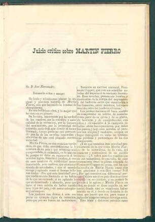 Juicio crítico sobre Martin Fierro