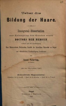 Über die Bildung der Haare : Inaugural-Dissertation