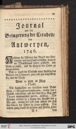 Journal von der Belagerung der Citadelle von Antwerpen, 1746