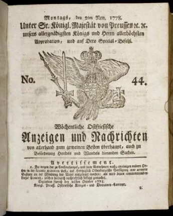 No. 44. Montags, den 2ten Nov. 1778.