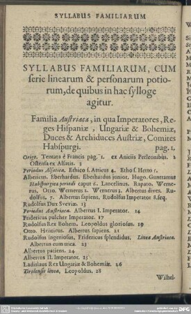 Syllabus Familiarum, Cim serie linearum & personarum potiorum, de quibus in hac sylloge agitur