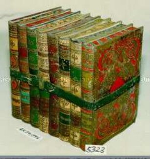 Blechdose in Form einer Bücherreihe, mit Gurt zusammengehalten, für Gebäck? (Abbildung von verschiedenen Bücherrücken - auf Boden: HUNTLEY AND PALMERS BISCUITS READLING AND LONDON)