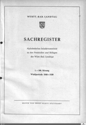 Landtag Württemberg-Baden, Sachregister, 1946-1950