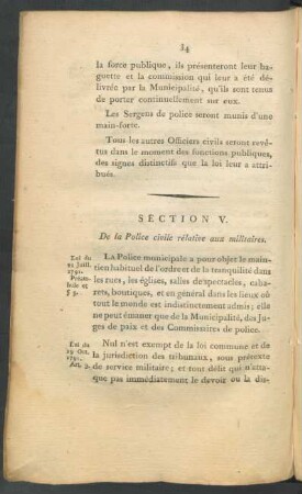 Section V. De la Police civile rélative aux militaires