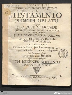 Dissertatio Inauguralis Juridica De Testamento Principi Oblato