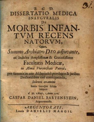 Dissertatio medica inauguralis de morbis infantum recens natorum