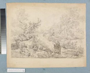 Hügelige Landschaft mit Mönchen und Schafshirten