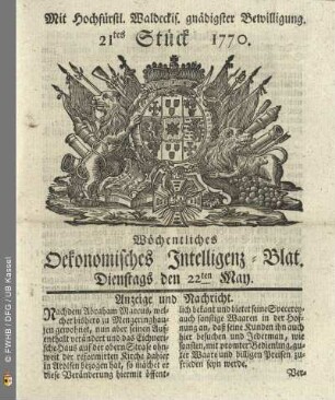 21tes Stueck, Dienstags den 22ten May 1770