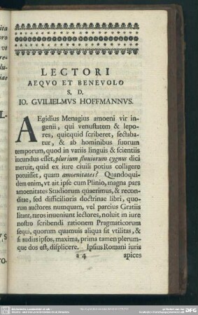 Lectori Aequo Et Benevolo S.D. Jo. Guilielmus Hoffmannus