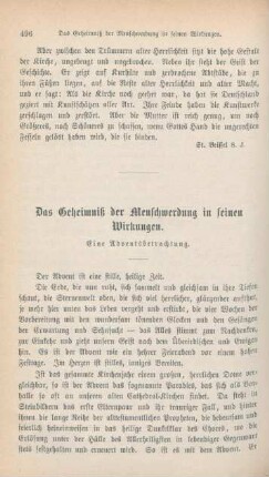 496-508 Das Geheimniß der Menschwerdung in seinen Wirkungen : eine Adventsbetrachtung