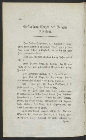 Gestorbene Aerzte der hiesigen Faculltät