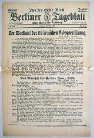 Extra-Blatt des "Berliner Tageblatt" zum Kriegseintritt von Italien (Zweites Extra-Blatt)