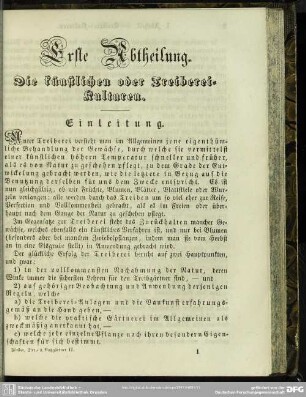 Erste Abtheilung. Die künstlichen oder Treiberei-Kulturen