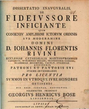 Dissertatio Inavgvralis De Fideivssore Inficiante